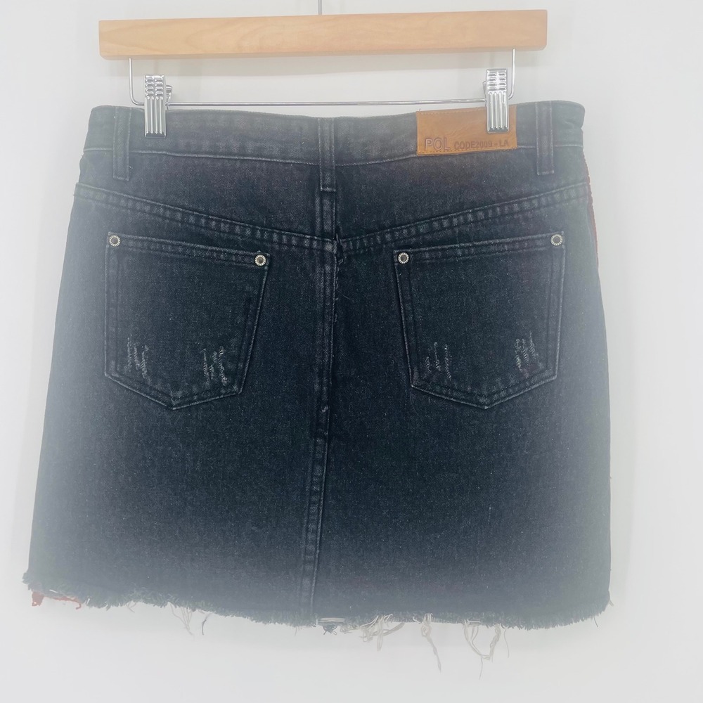 POL Black Distressed Denim Mini Skirt Rust Corduroy Stripe Raw Hem size L NWT - Picture 6 of 12